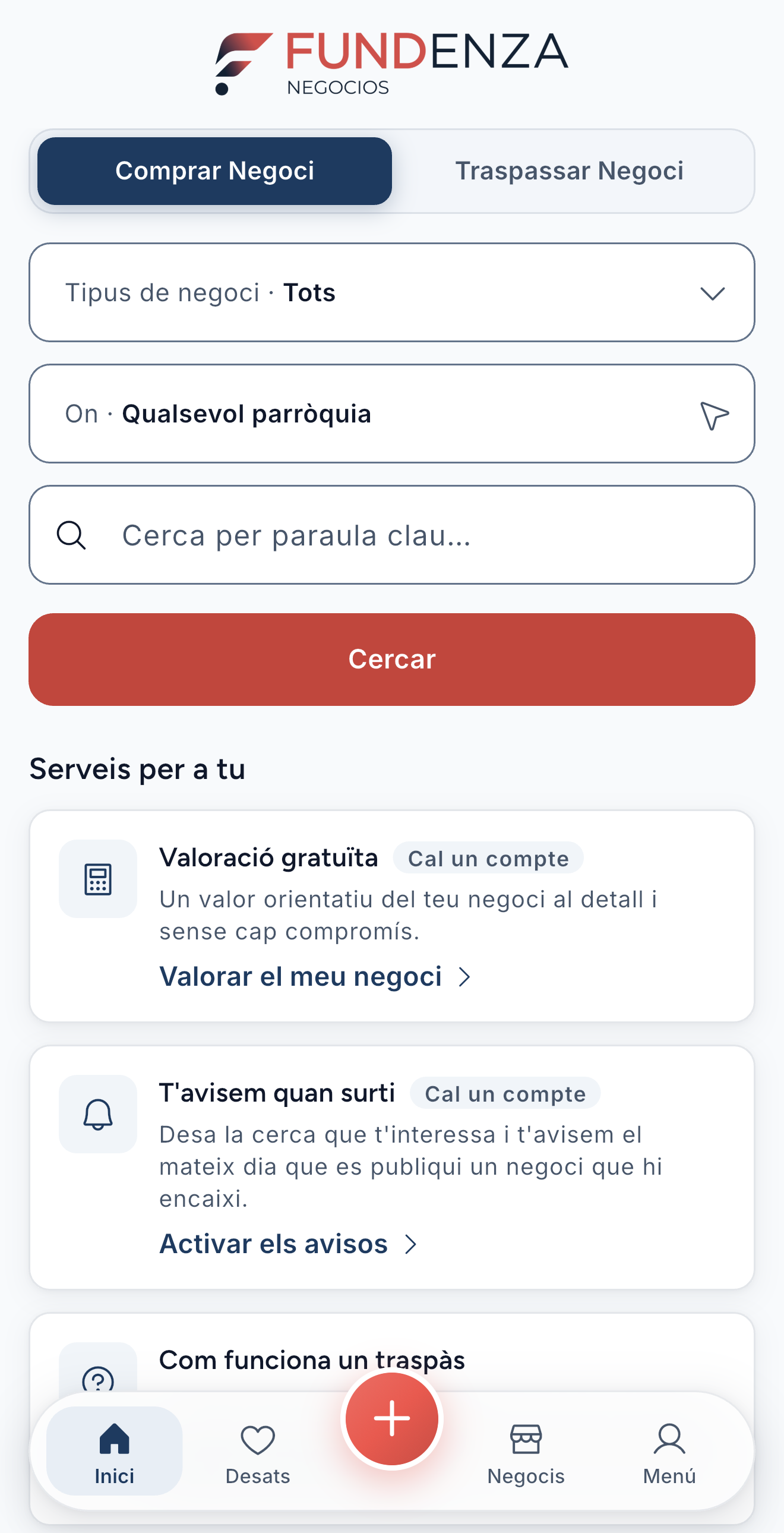 Inici de l'app: comprar un negoci