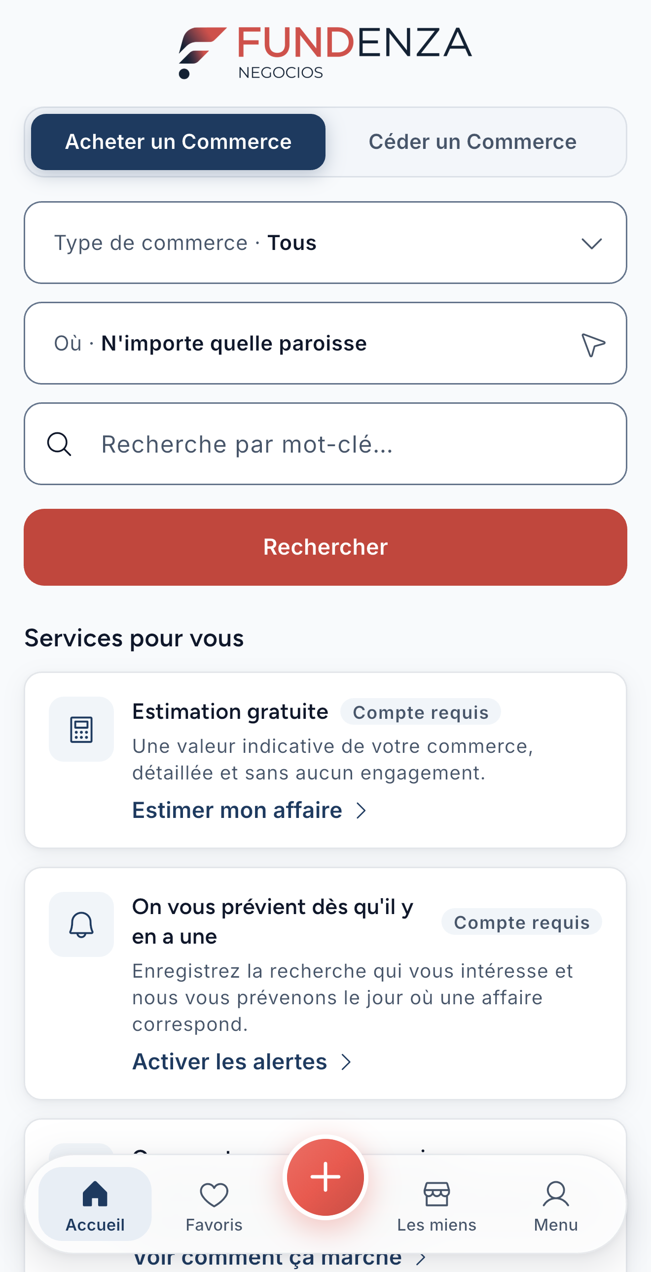 Accueil de l'application : acheter un commerce