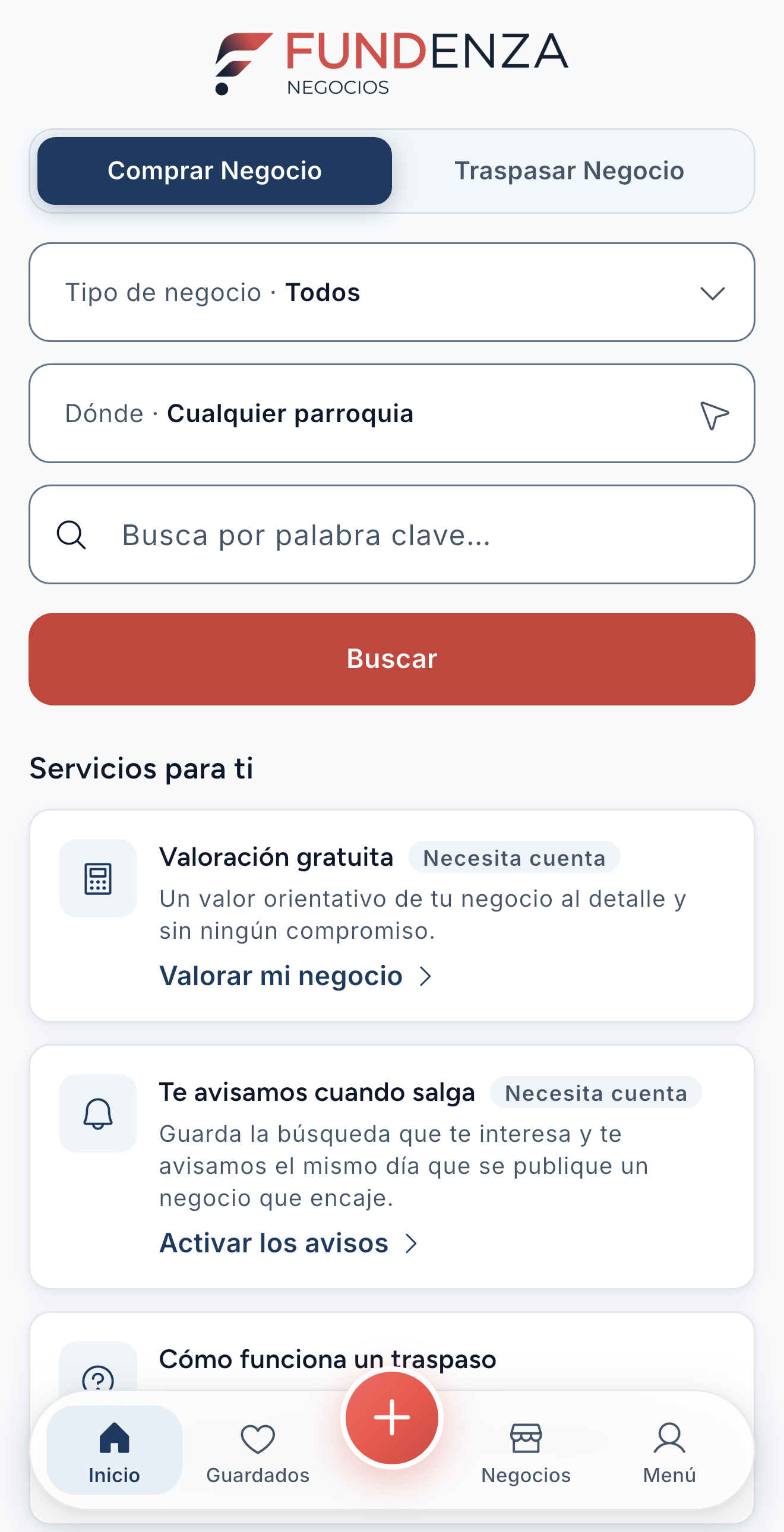 Inicio de la app: comprar un negocio