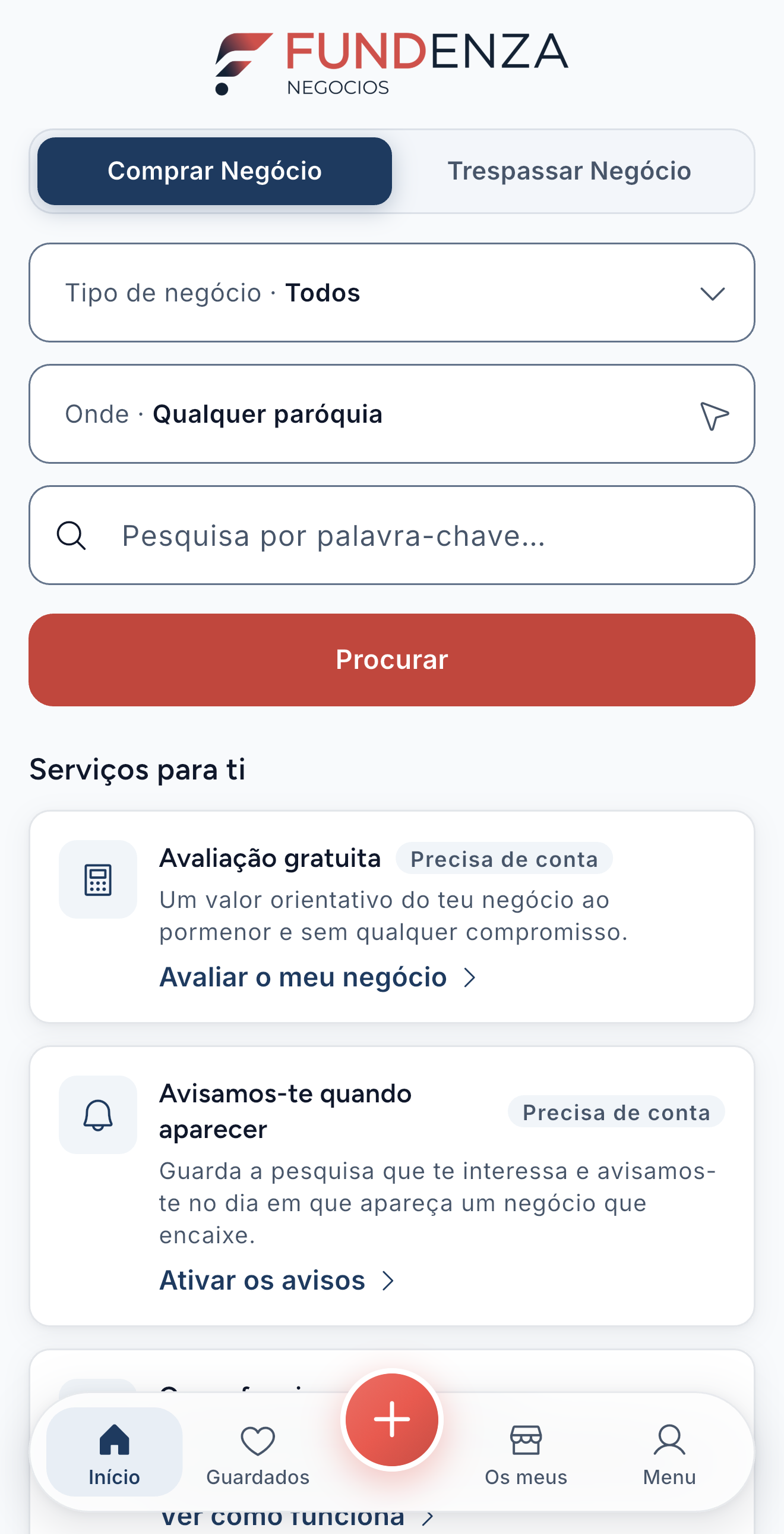 Início da app: comprar um negócio