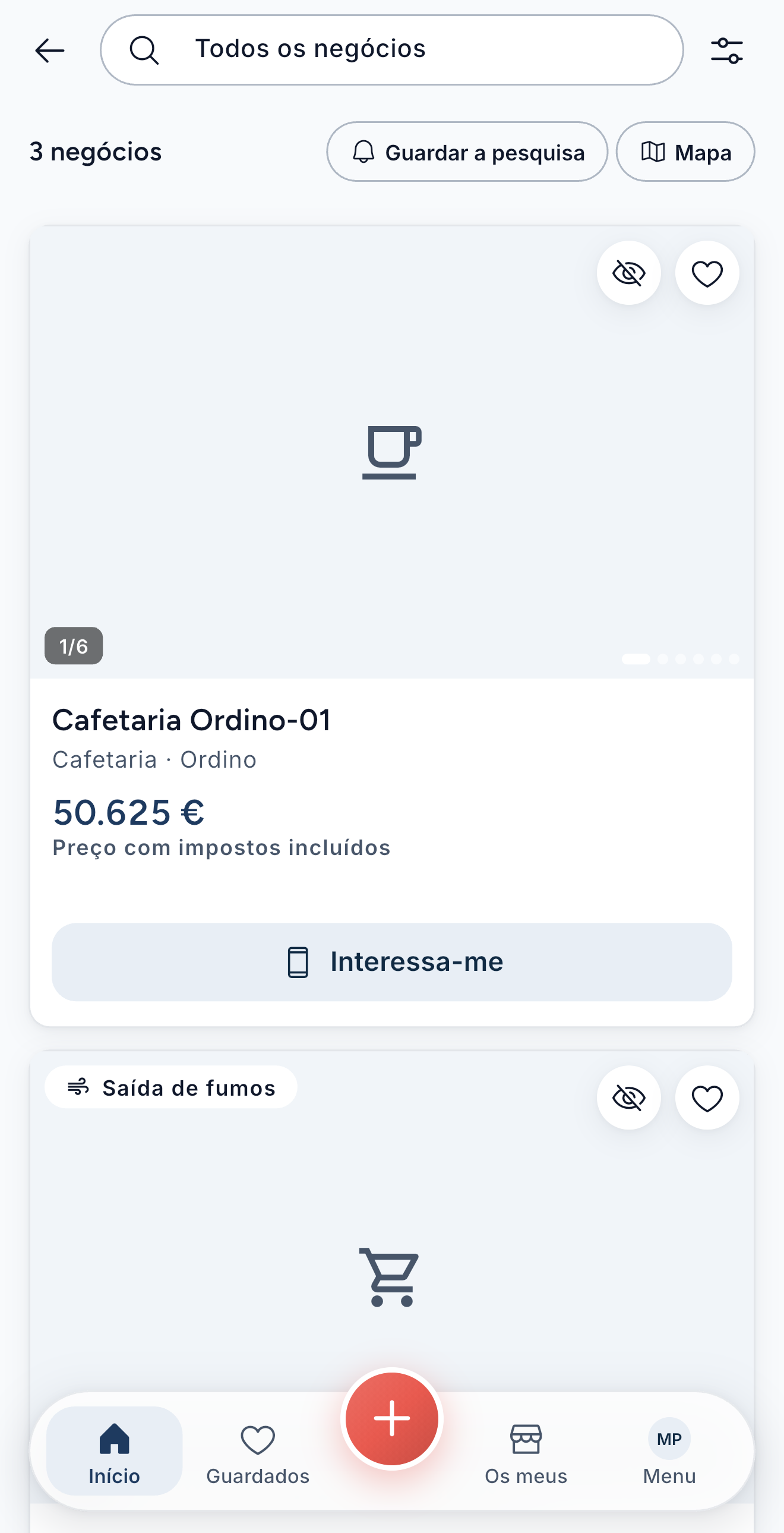 Resultados com nome em código, preço e área